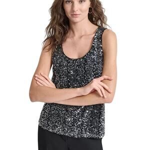 DKNY Black Sequin Embellished High Low Sleeveless Scoop Neck Tank Top Medium NWT